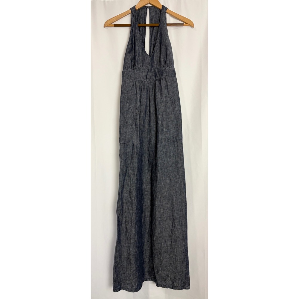 Cabi Linen Chambray Maxi Dress Blue Halter Empire Waist Pockets XS Capule